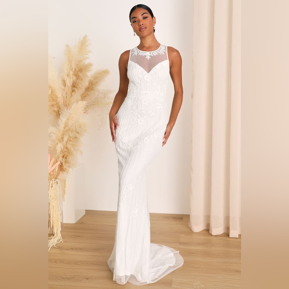 Lulus Modern Fairytale White Mesh Beaded Sequin Mermaid Maxi Dress